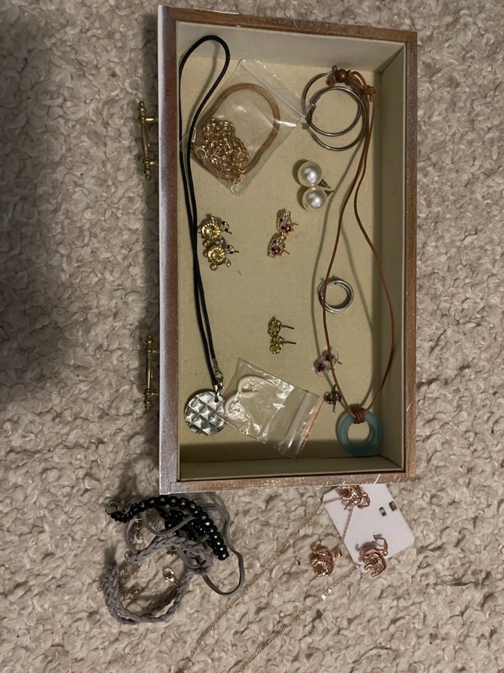 Mixed Jewelry Lot with Leather Cord Necklace and Pearl Studs